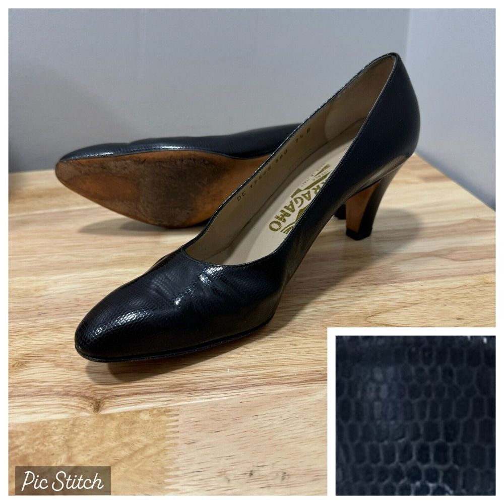 Salvatore Ferragamo Pumps 7.5 B Black Embossed Leather Low Heel‎ Classic Office
